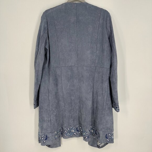 Curations Faux Suede Jacket M Floral Embroidered Open Front Long Boho Gray Blue - Picture 2 of 9